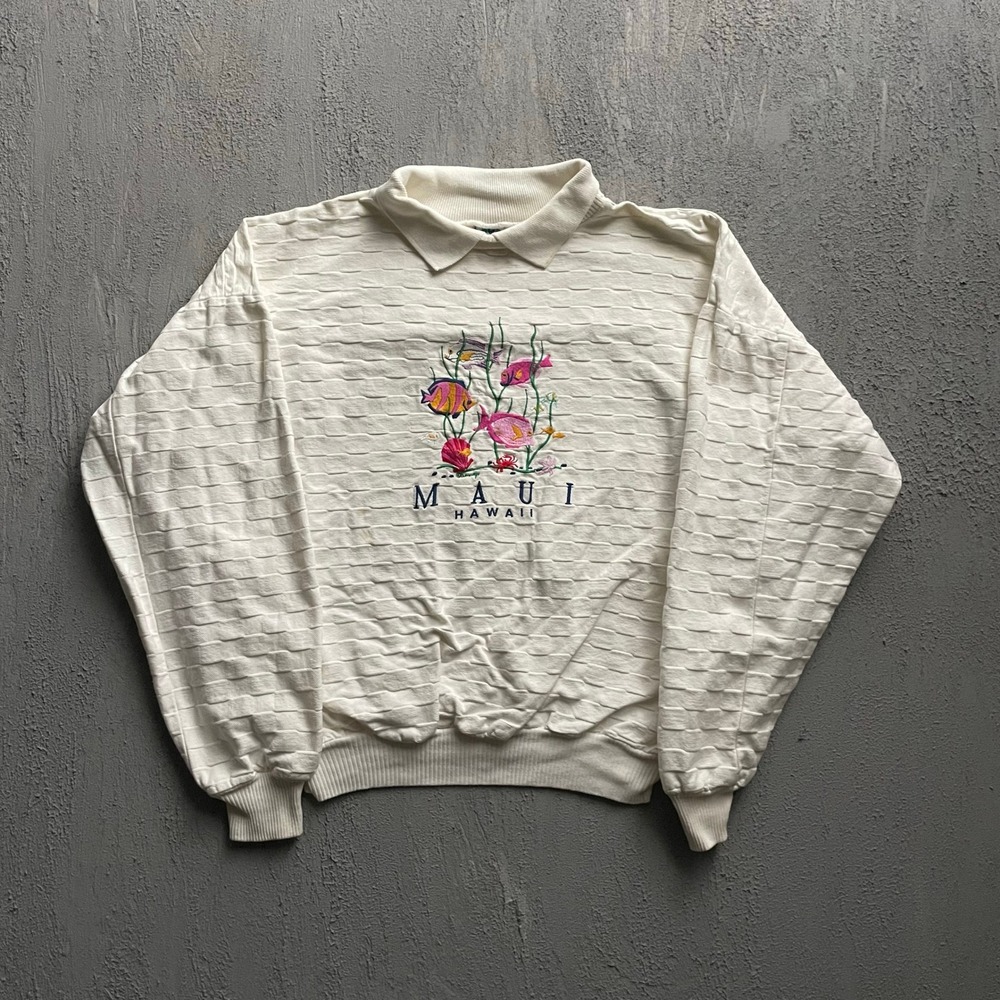 Vintage Maui Hawaii Fish Embroidered Collared Sweatshirt Unisex XL White 90s WEK